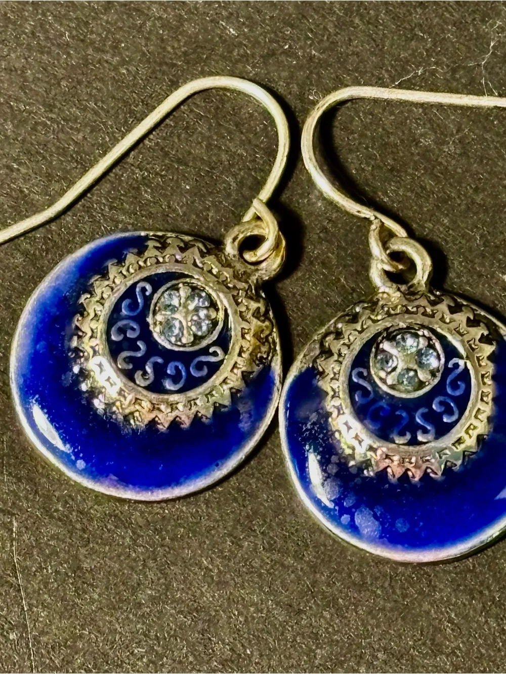 Cobalt Blue Enamel Disc Drop Earrings Boho Silver Tone Rhinestone Geometric